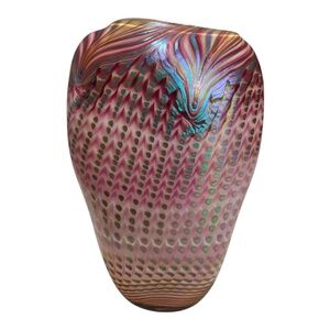Bruce Freund Hand Blown Iridescent Glass Vase 10.5” tall Art Glass Signed 1988